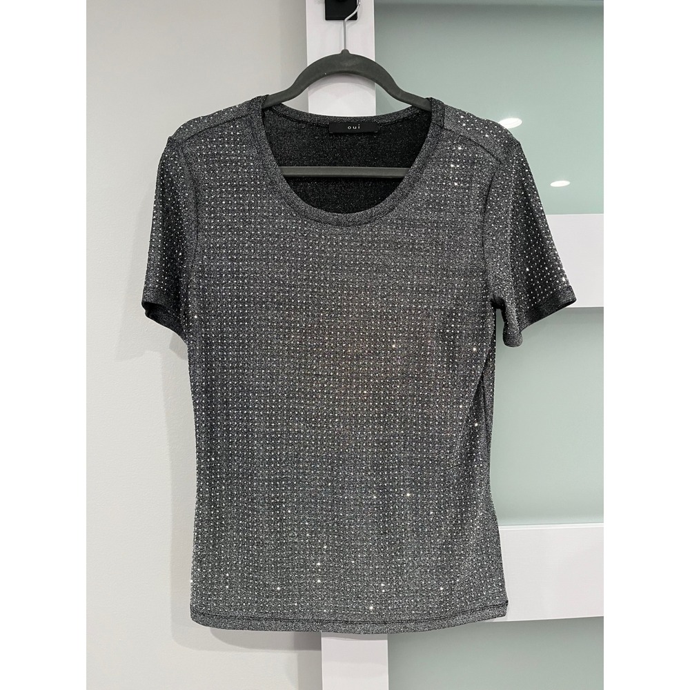 Oui Metallic Glitter T-Shirt Black Silver Sparkle Short Sleeve Top 90687 US 8‎